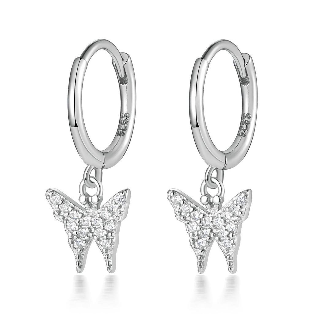 S925 Sterling Silver Diamond-Inlaid Butterfly Stud Earrings - Elegant, Niche Forest Style