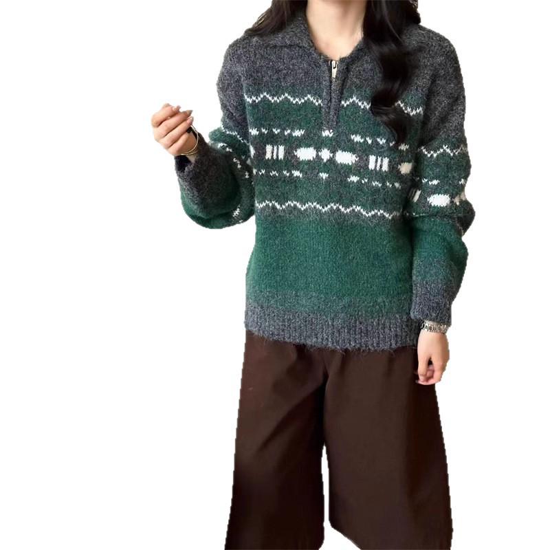 Women's French Fair Isle Color Block Half-Zip Knit Pullover Sweater - Autumn/Winter 2026