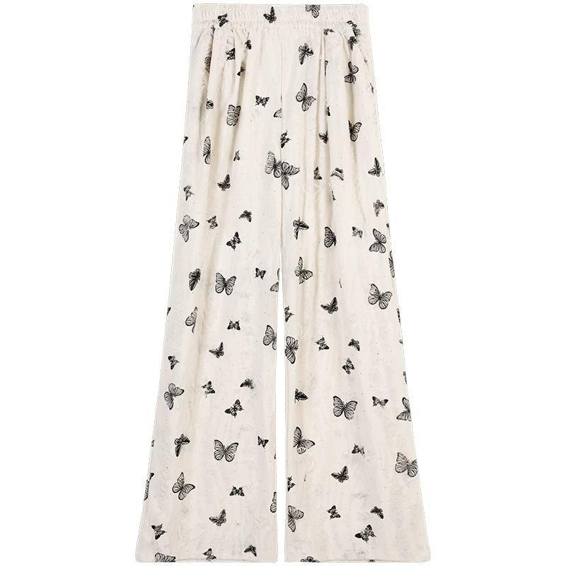 2028 Women's Summer Petite Rhinestone Butterfly Print Ice Silk White Wide-Leg Pants