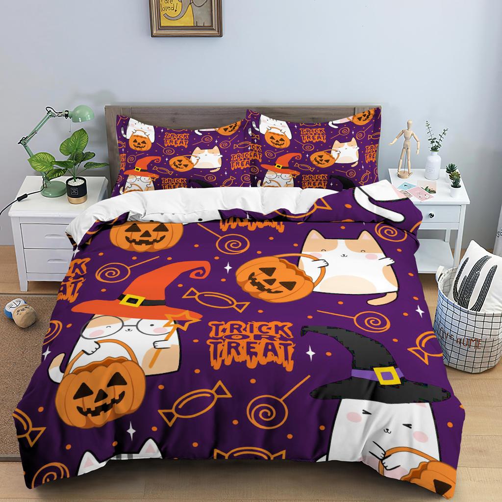 Halloween Duvet Cover Set Bats Pumpkin Polyester Comforter Cover with Pillowcase Queen King Size Bedding Set 3D Print Bedclothes
