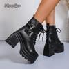 Gothic Platform Boots For Women Chunky Motorcyle Ankle Boots Plus Size 35-42 Retro Stacked Heel Autumn Short Boots Black Leather