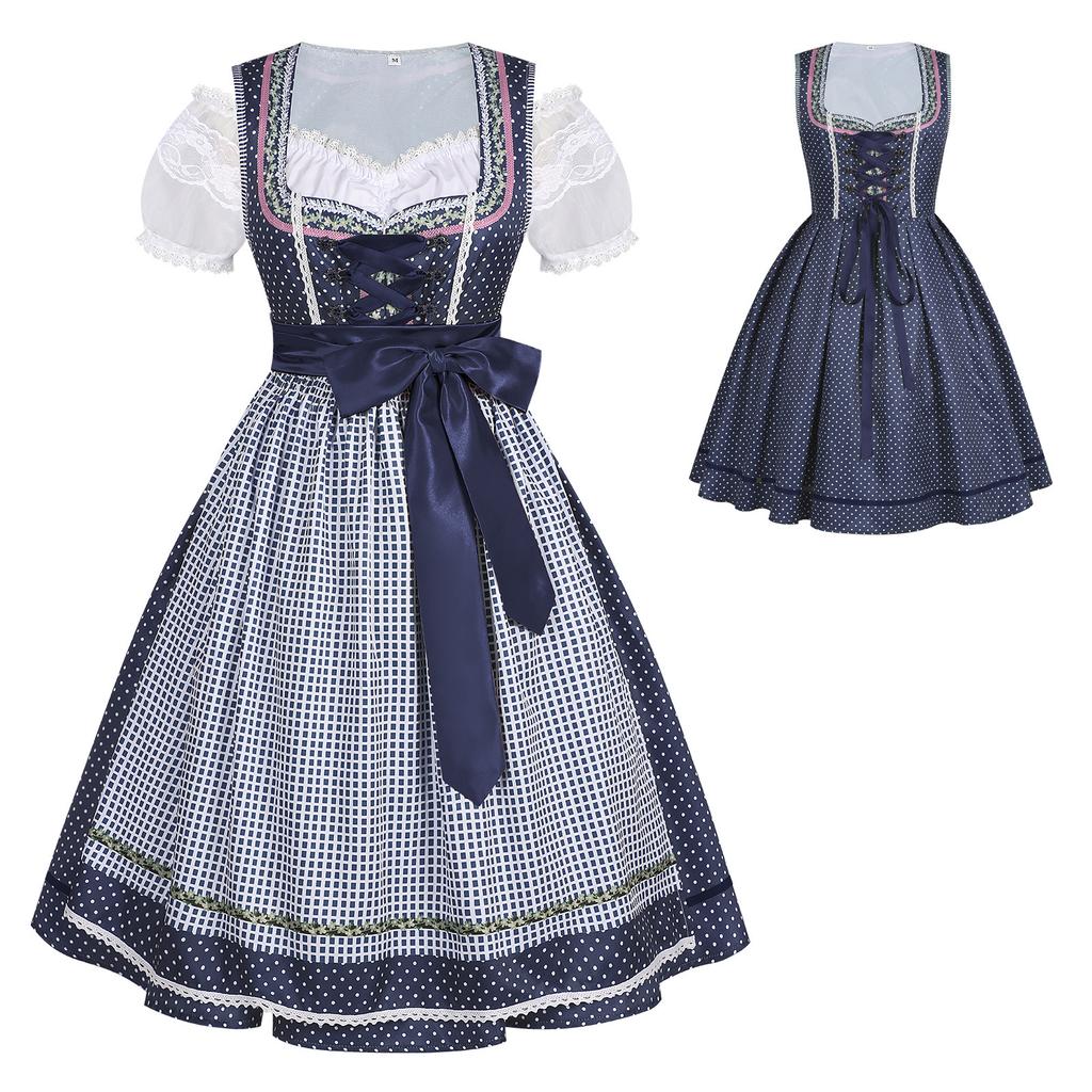 Retro Plaid Bavarian Oktoberfest Dress, Waisted Long Dress Halloween Party Cosplay