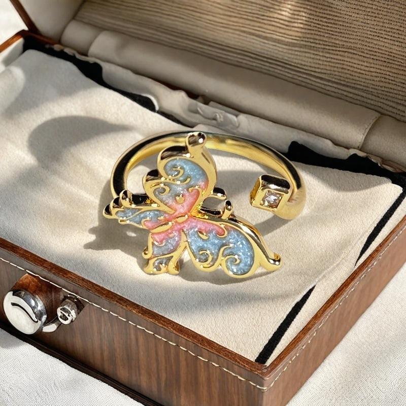 Gold Enamel Oil Drop Butterfly Open Ring Niche Design Flower Color Personality Ring Female