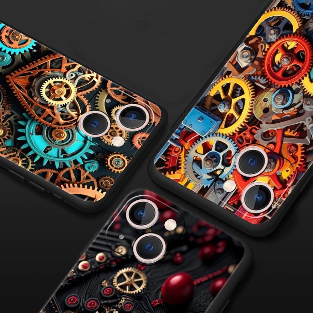 Mechanical Gear Pattern Phone Case Cover for iPhone 17 16 15 14 13 12 11 Pro Max 17 Air Plus Shockproof Soft TPU Shell Funda Bag