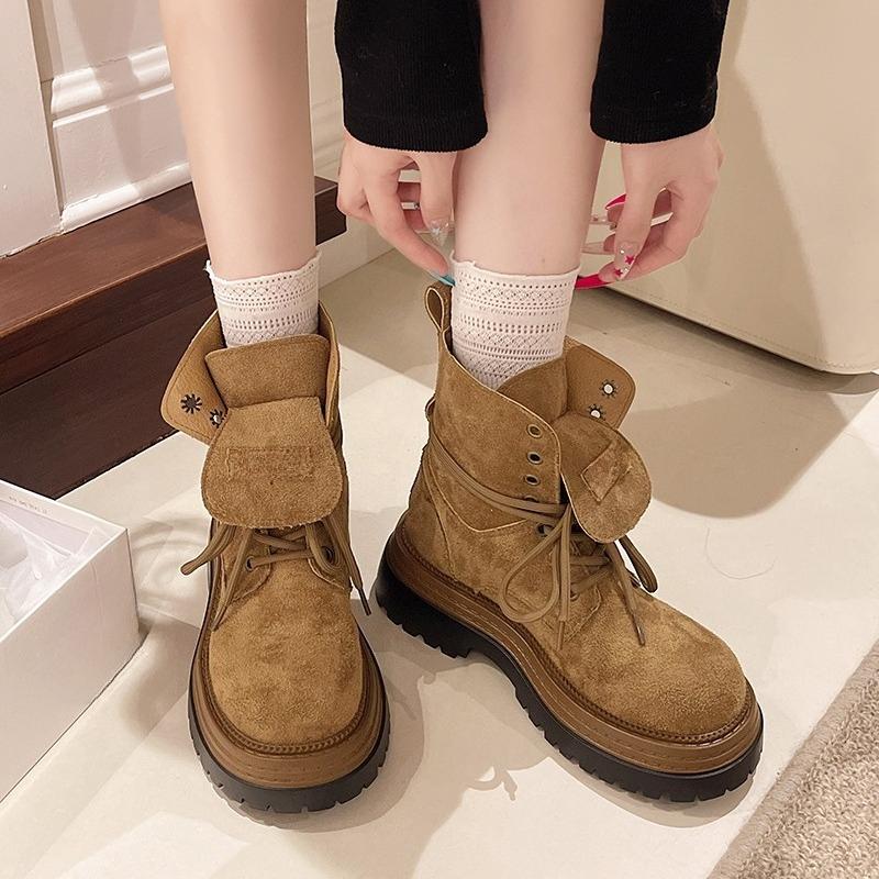 Fashion New Platform Single Boot Fall Round Toe Deep Mouth Front Lace-Up Rear Zip Anti-Slip Booties