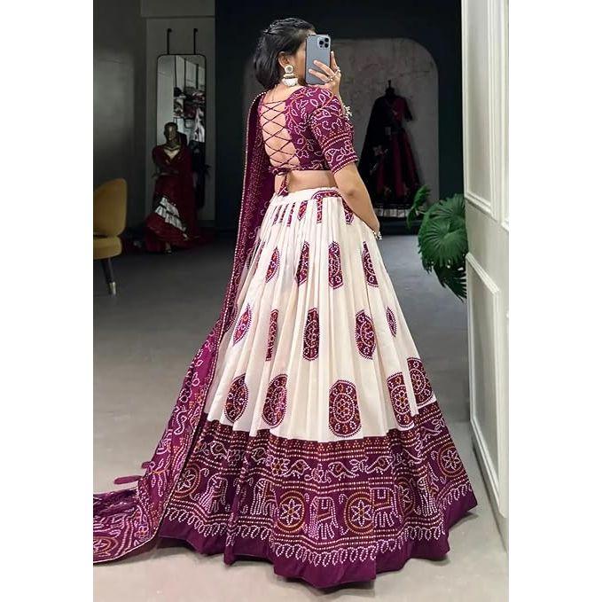 Women's Bandhej Printeed Tussar Sillk Lehenga Choli Set  ,Unstiched Blouse