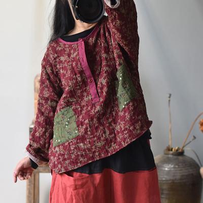 Vintage Bluz Kadın Giysileri Bahar Gömlek Patchwork O-boyun Düğme Baskı Rahat Bol Bayan Üstleri