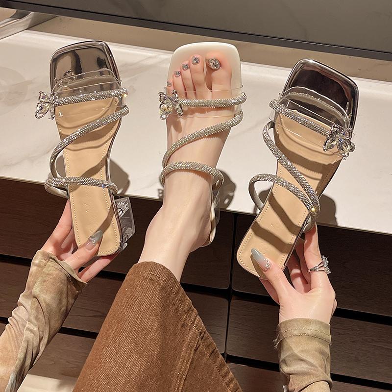 Shoes Woman 2025 Square Heel Transparent Slippers Glitter Slides Fashion Heeled Mules Block Jelly Luxury High Summer Pumps Cryst
