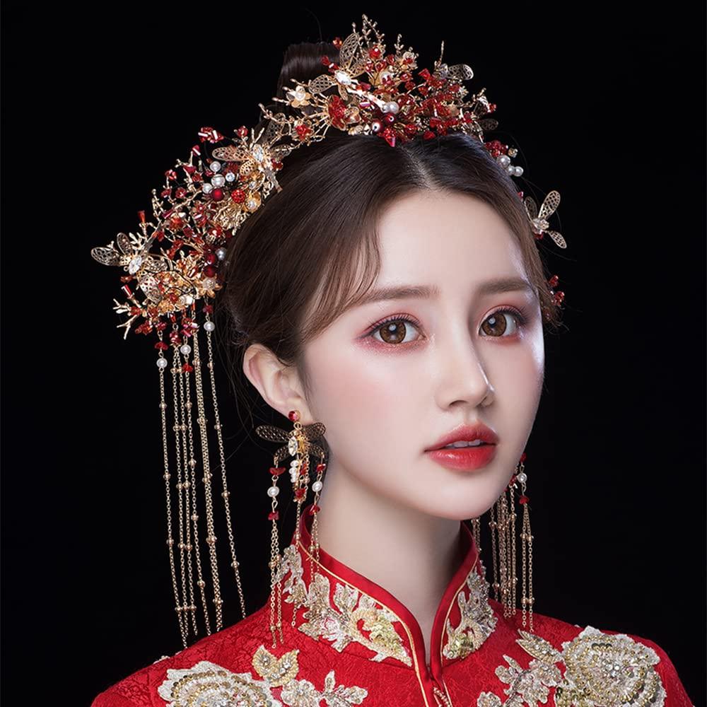 Chinese Wedding Bride Hair Accessory Chinese Crown Wedding Hair Accessories Red Flower Floral Beaded Flapper Headband Jeweled Bridal Wedding Tiara