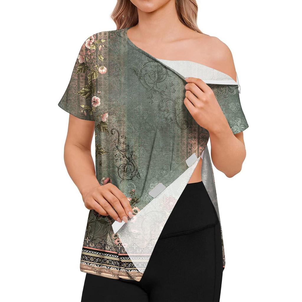 Post Surgery Women Short Sleeve Shirt Floral Print Zipper Shoulder Side Velcro Closure Comfortable Recovery Top for Medical Use