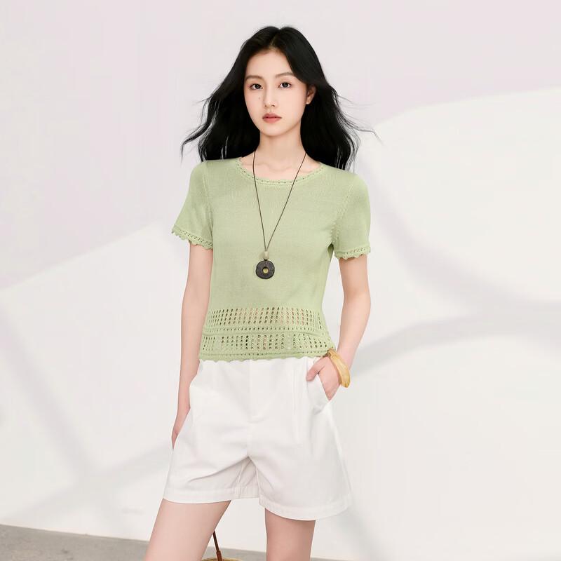 SanCai 2026 Summer Hollow-Out Knit Short-Sleeve Top