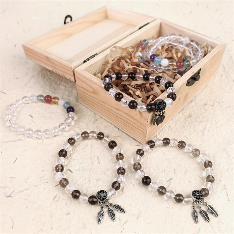 Natural 8MM White Crystal & Smoky Quartz Dream Catcher Bracelet with Wealth-Attracting Tree Leaves