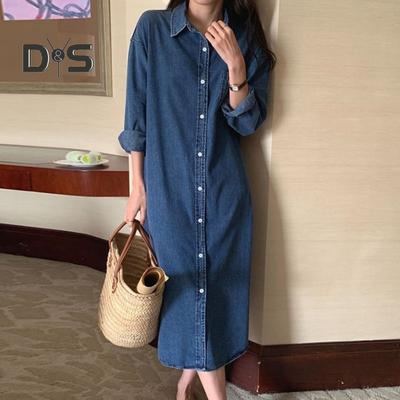 Women's Denim Shirt Dress Roll Up Long Sleeve Button Down Maxi Dress Summer Casual Lapel Loose Shift Jean Dress with Pocket