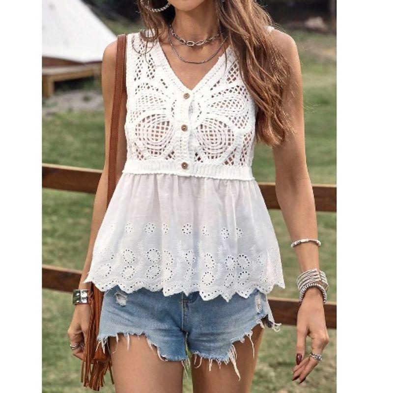 Small Summer European and American Knitted Crochet Hollow Butterfly Single-Breasted Patchwork Embroidered Widened Lace Vest Top