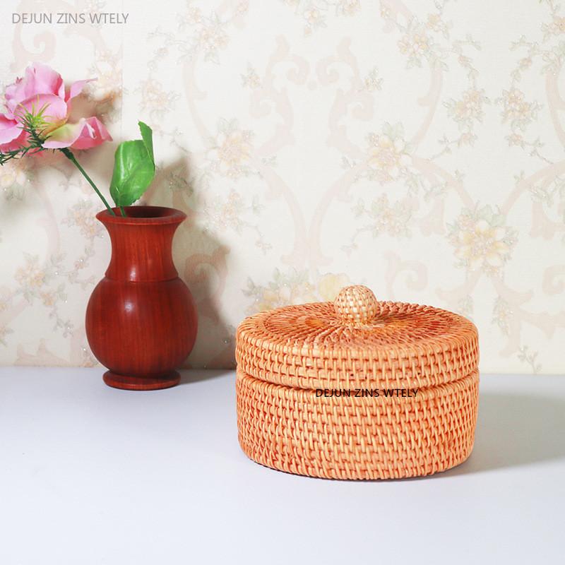 1PC Exquisite Handcrafted Rattan Storage Box Desktop Key Jewelry Organization Box Picnic Round Covered Bread Basket Home Decor