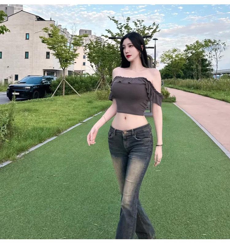 Korean Dongdaemun Off-Shoulder Ruffle Crop Top: Slimming, Sexy, Pure Desire Style for Women