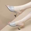 French light luxury banquet rhinestone high heel one-word drag girl 2025 summer new sexy fish mouth thick heel wear cool slippers