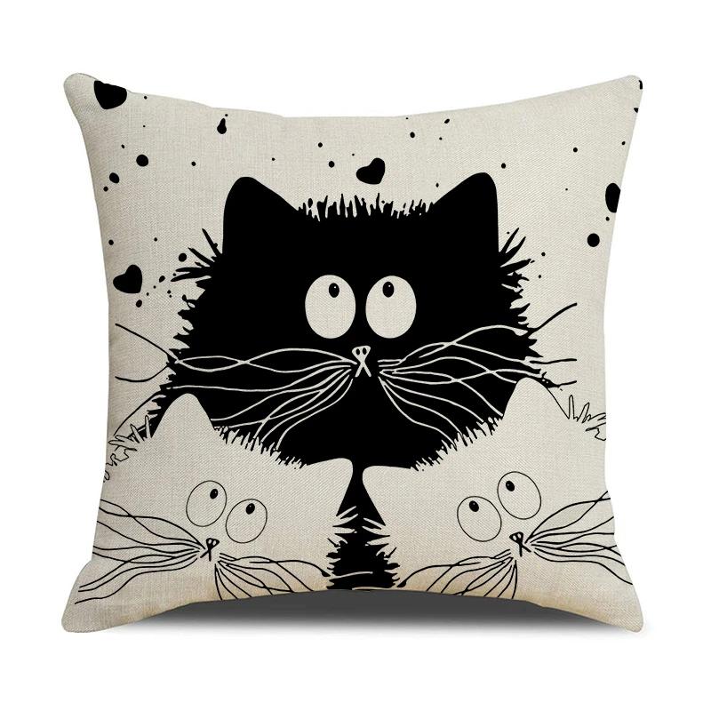 Black And White Cute Cat Printed Cushion Cover Home Decorative Sofa Pillow Covers Coffee Chair Throw Pillow Case Car Pillowcase