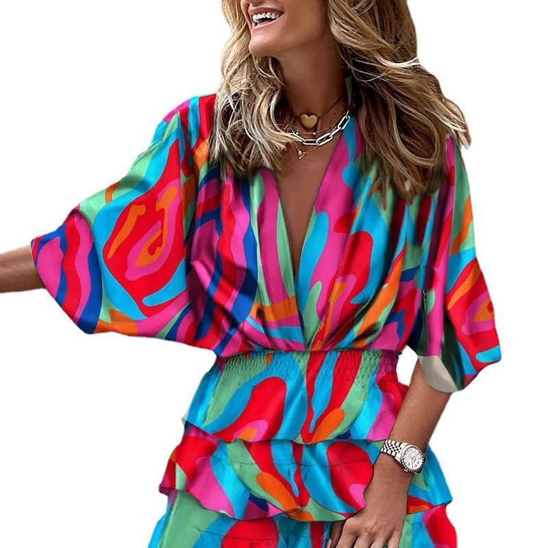 Autumn Batwing Sleeve V-neck Irregular Hem Dress