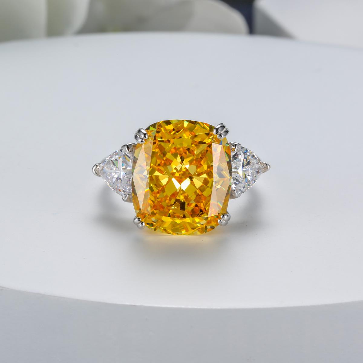 

S925 Silver Radiant Cushion 12 Carat Yellow High Carbon Diamond Ring Size 6