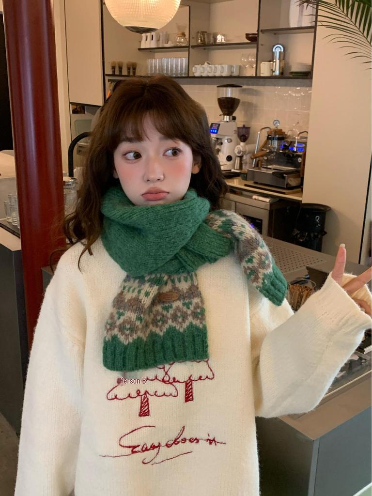 Högkvalitativ Damscarf i Ullblandning med Fair Isle-mönster - Tjock, Varm Stickad Halsduk för Höst/Vinter