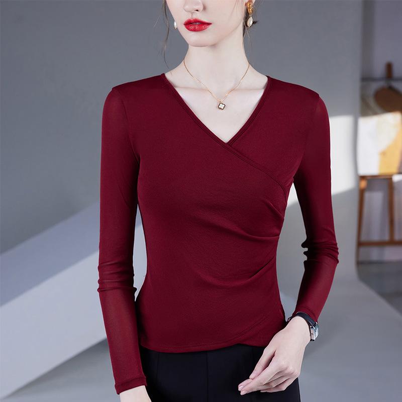 2025 Women's Fashion V-Neck Mesh Long-Sleeve Top - Waist-Cinching, Belly-Covering