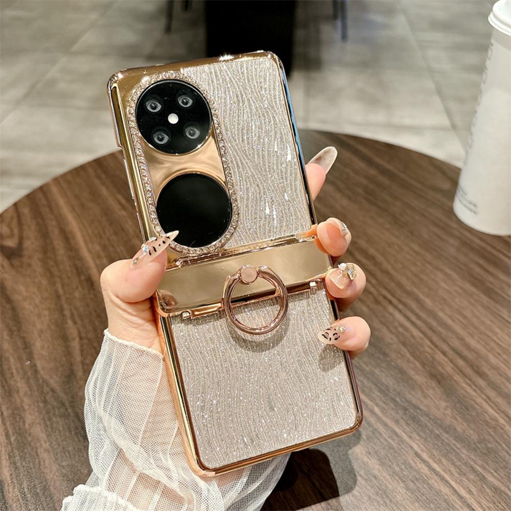For Huawei Pocket 2 Case with Ring Holder Ripple Texture Hard PC Electroplating Phone Cover