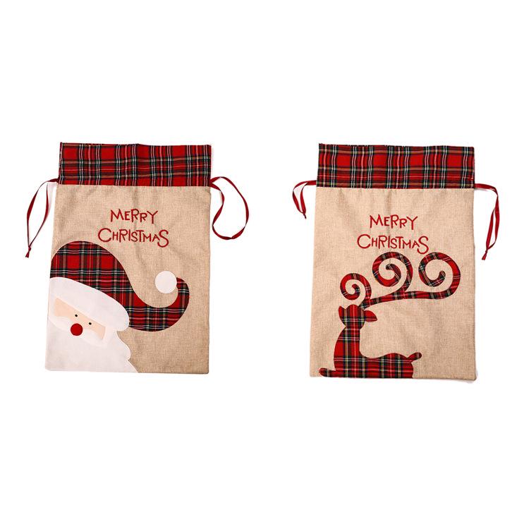Burlap Plaid Edge Christmas Gift Bag with Drawstring, Children's Candy Bag & Embroidery Decoration Props