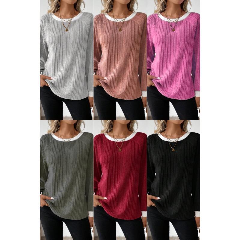 Women Solid Color Ribbed Long Sleeve Round Neck Casual Pullover Sweater
