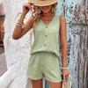 Mint Green Sleeveless V-Neck Two-Piece Casual Button-Decorated Vest Suit