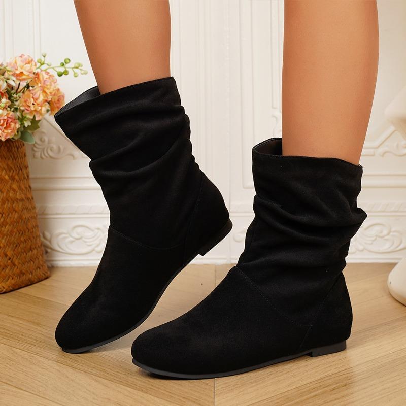 New Women's Oversized Shoes with Pleated Boots, Round-toed, One-foot Retro Mid-calf Boots