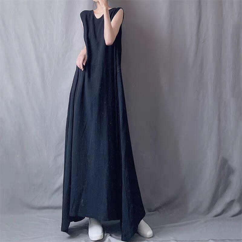 

Черно-белый минималистичный круглый вырез свитера очень длинный жилет юбка сзади бретелька элегантное платье без рукавов неровный подол длинное платье XL чёрный