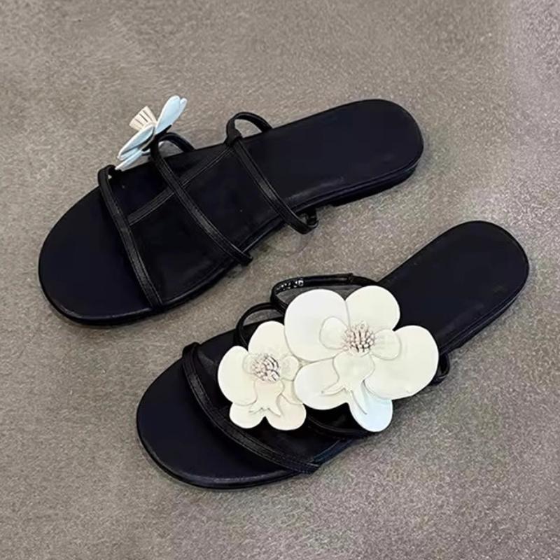 Fashion Sweet Flower Decoration Slippers Women Fashion Narrow Band Round Toe Designer Shoes Summer Open Toe Beach Sandals Zapatos Mujer