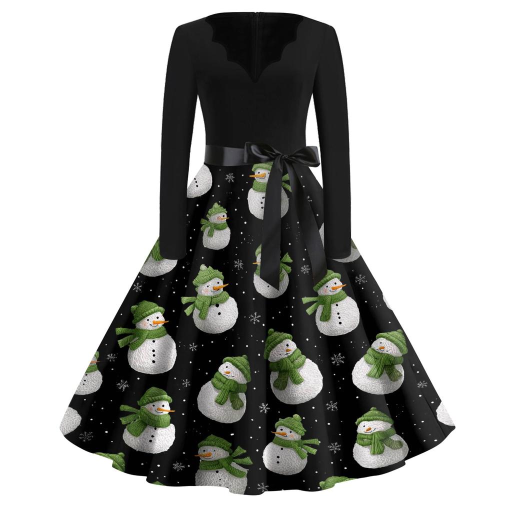 Women's Fashion V-Neck Relaxed-Fit Christmas Print Long-Sleeved Dress