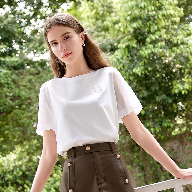 BETU Women's Round Neck Puff Sleeve Embroidered Top