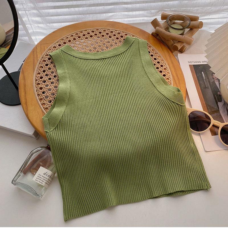 Green Knit Tank Top Sleeveless Short Women's Crop Top Solid Color Inner Wear Outer Skinny Short Vest Korean Fashion