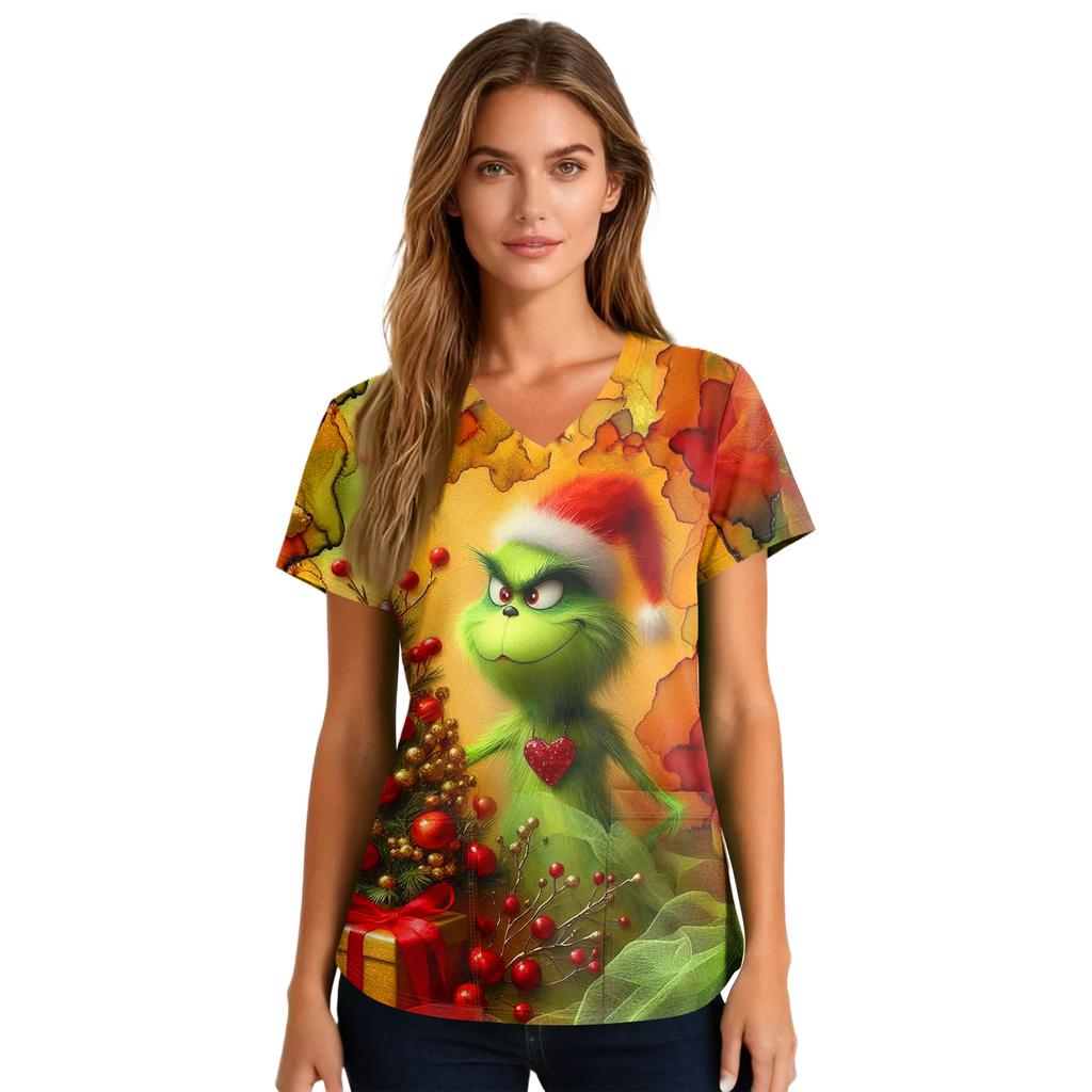 Women's Cute Printed Work Clothes V-neck Double Layer Pockets Basic Short Sleeve Top Pullover Valentines