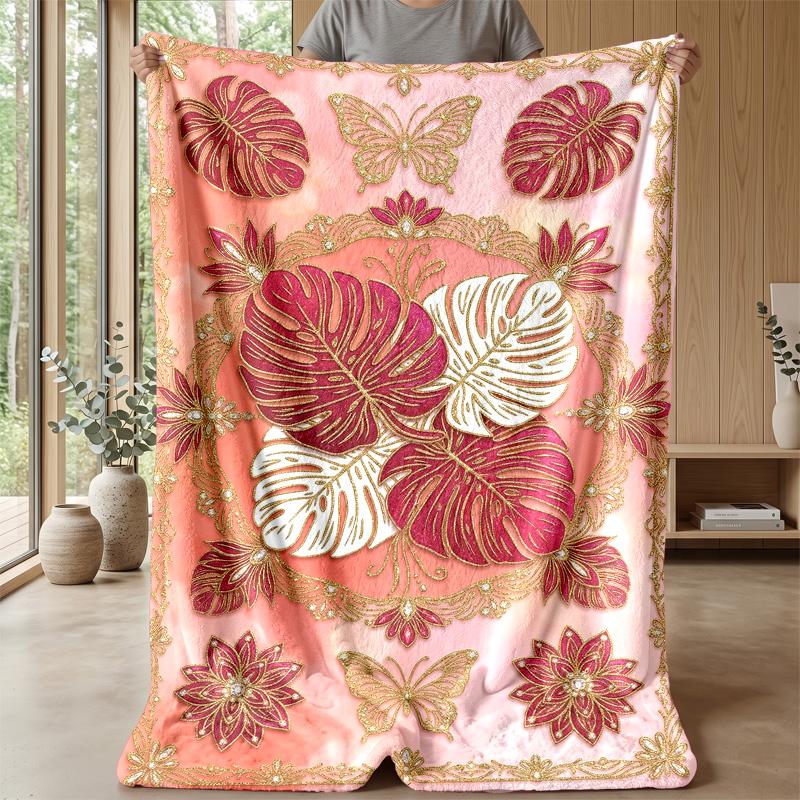 Elegant Rose Butterfly Marble Theme Blanket Lightweight Warm Flannel Blanket Decorative Throw Blanket for Home Decoration
