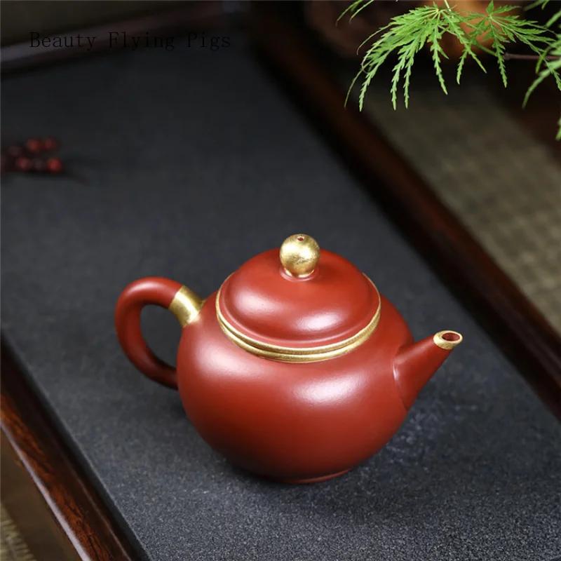 Chinese Handmade Gold Painted Purple Pottery Raw Ore Tea Pot, Household Dahongpao Tea Ceremony Tea Set Kung Fu