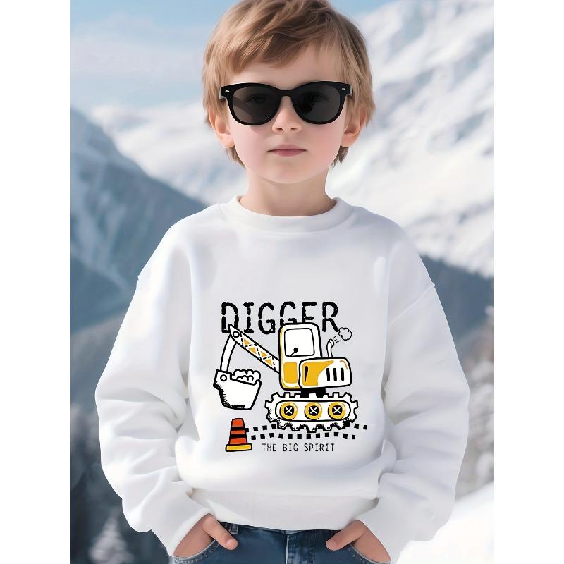 Kids Crewneck Long Sleeve Sweatshirt, Vibrant Cartoon Excavator Digger Print, Childlike Comfort Fit Kids Pullover 110 белый