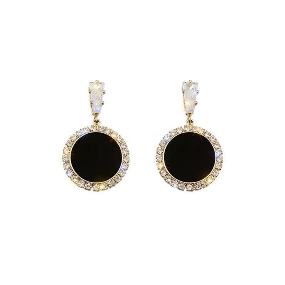 Fashion Personality Sparkly Zircons Trimmed Black Onyx Style Round Dangle Earrings for Women Korean Charm Evening Party Jewelry