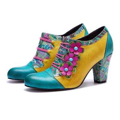 Retro bedruckte High Heels aus echtem Leder Pumps Mischfarben Blumen seitlicher Reißverschluss Damenschuhe