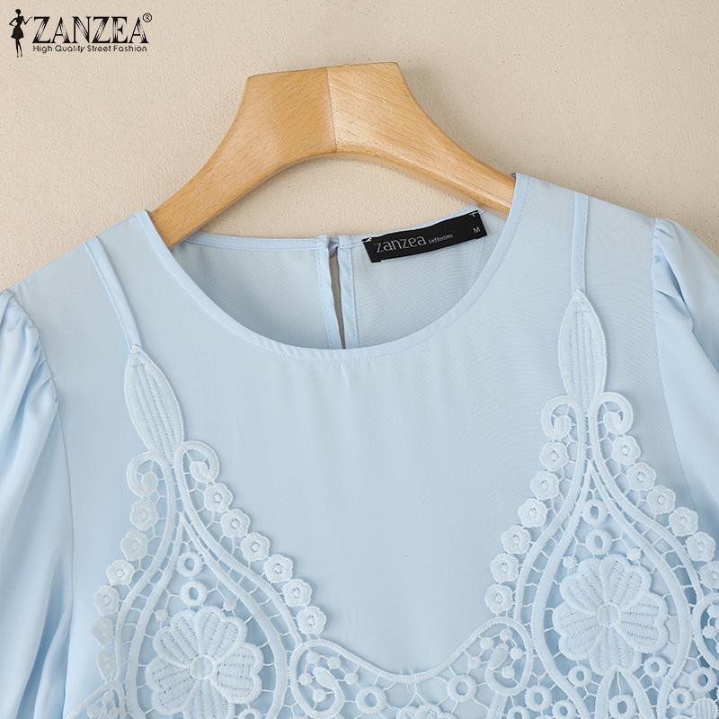 ZANZEA Women Casual Round Neck Crochet Patchwork Summer Short Sleeve T-Shirts