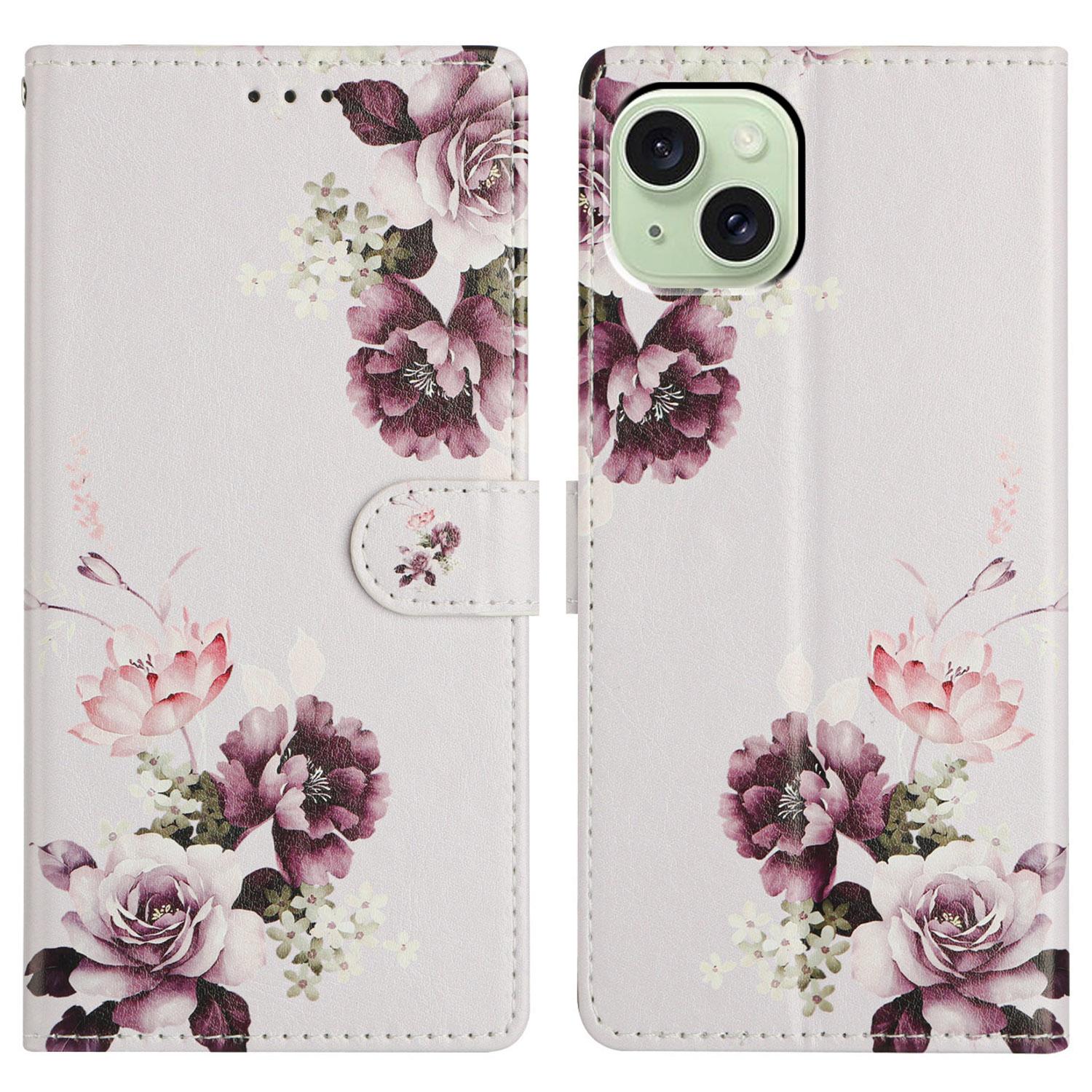 

For iPhone 15 Wallet Phone Case PU Leather Flip Cover with Stand Card Holder Painted Design Cross Rose