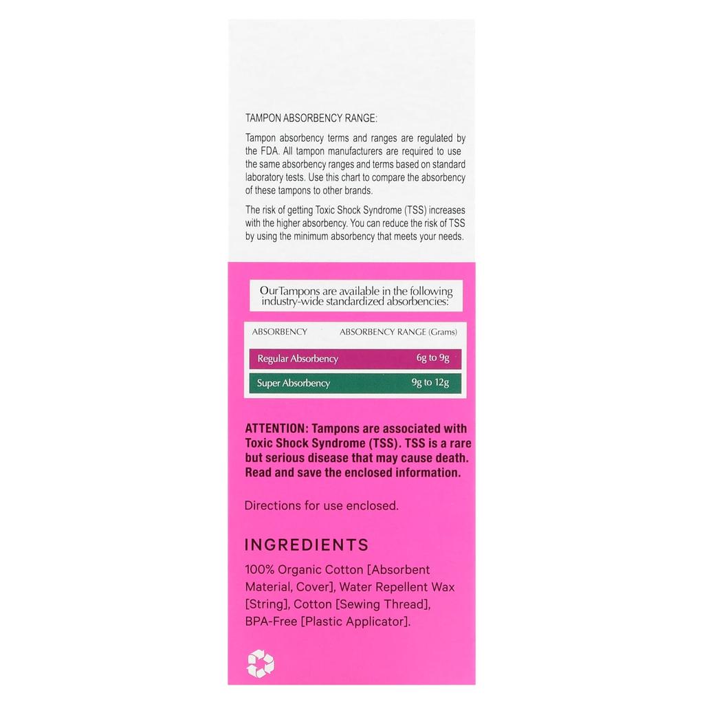 100% Organic Cotton Tampons, Regular, 18 Count