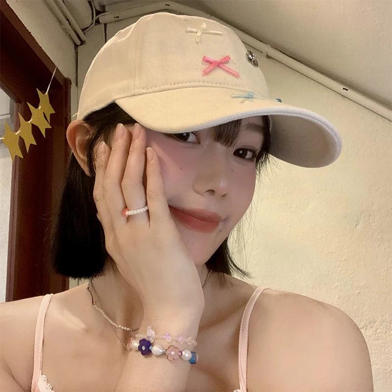 Korean Dopamine Bow Embroidery Baseball Cap Adjustable Washed Denim Snapback Hats For Women Girl Cute Top Sun Hat Female Caps