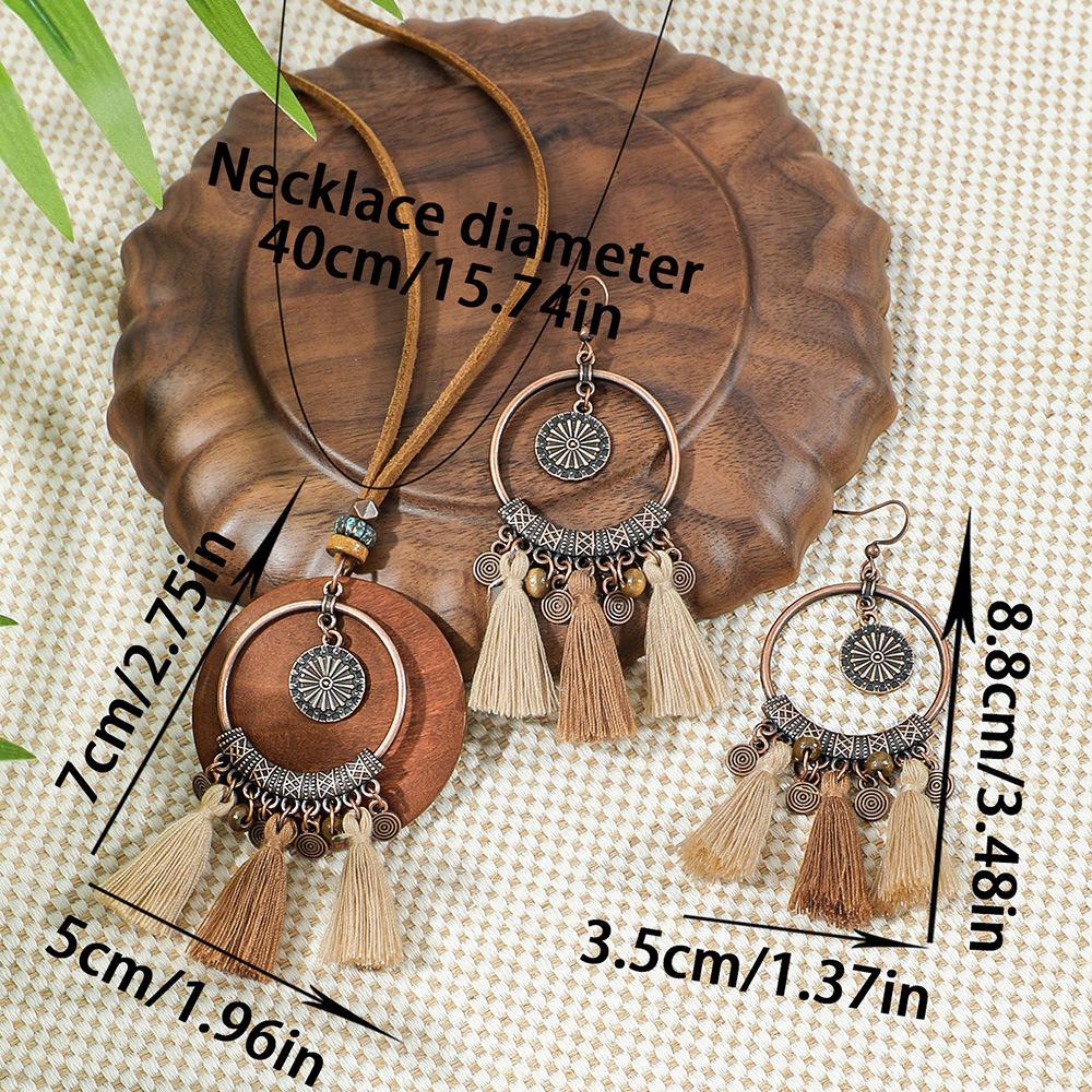 Bohemian Vintage Tassel Earrings Necklaces Set for Women Ethnic Round Hollow Carved Rope Chain Necklace Jewelry Accessories