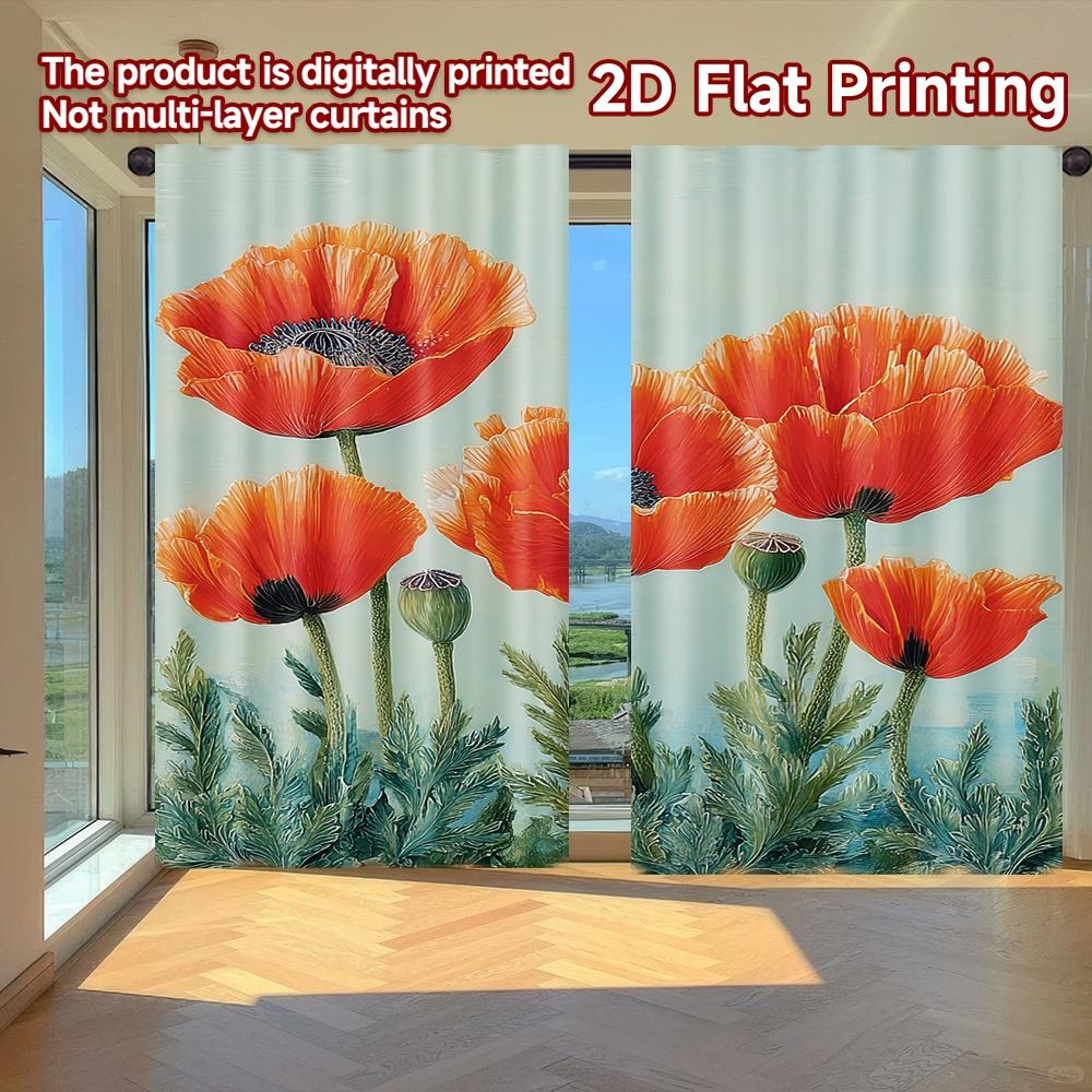 

Set Of 2 Flat Printing Curtains Without Rod Floral Poppy Design Holiday April Fools Is Day Printed Versatile Polyester Curtain Made W100*H70(CM)-Rod Pocket&1PCS