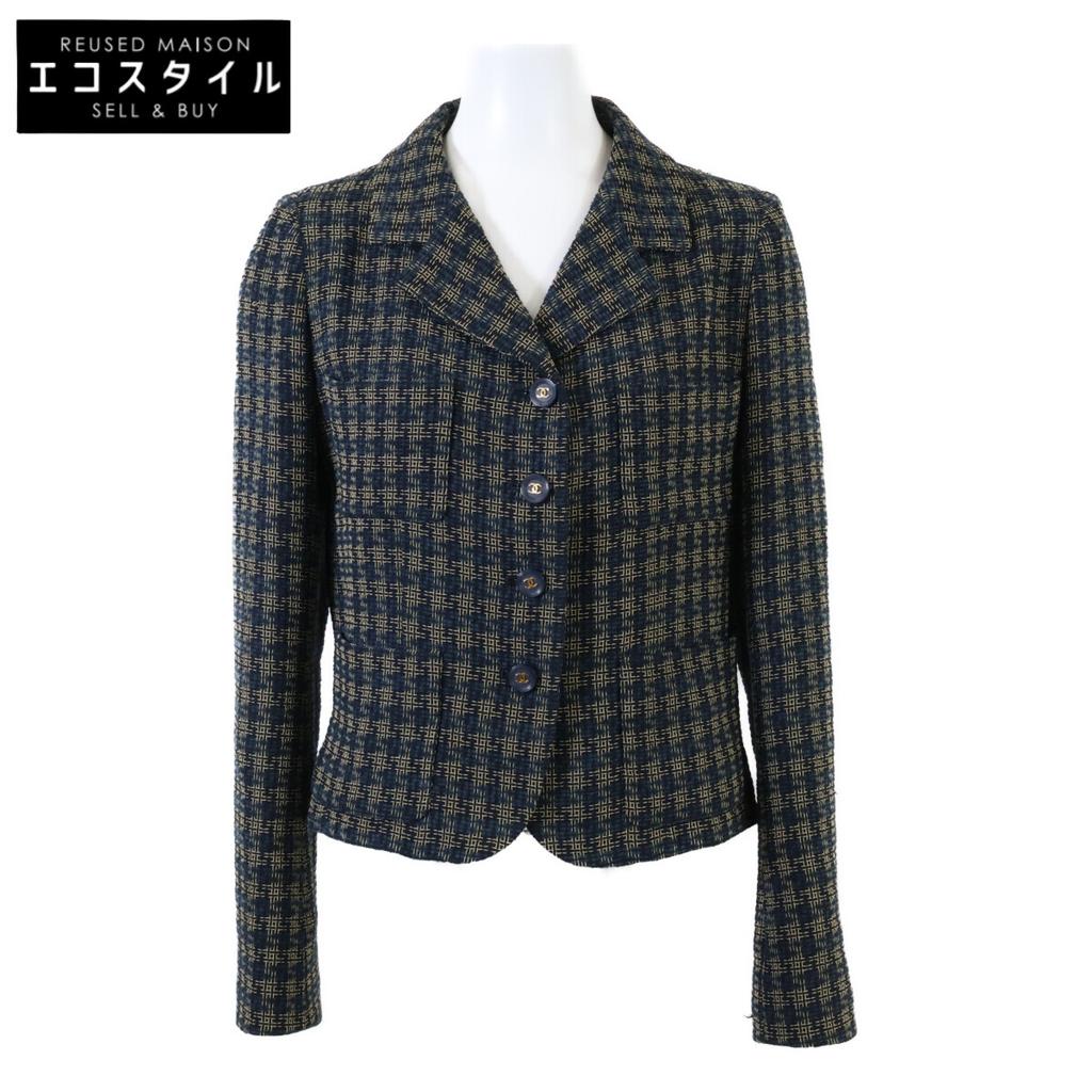 CHANEL Domestic genuine 95A P05673V04376 Check Pattern COCO Button Jacket 42 NavyUsed