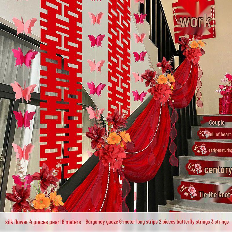 Wedding Staircase Handrail Decoration with Artificial Flowers and Pendants